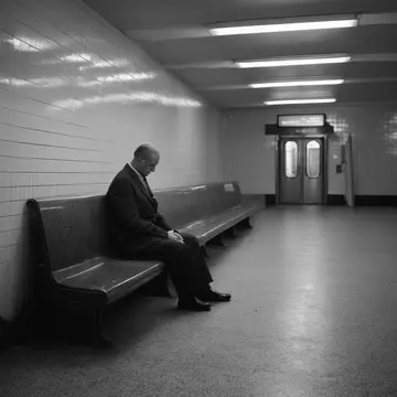 Seating bench in Subway station waiting room. The room is meticulously set for an expected, but overdue, visitor. Polished tile floor