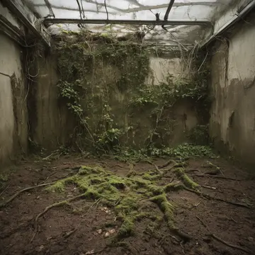 Wet potting soil and fallen leaves in Utility closet adjoining greenhouse. An inspection of structural damage to the floorboards. A damp, moss-covered brick