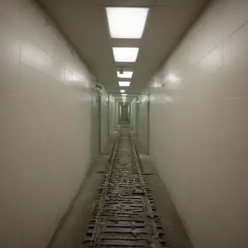 Industrial air filtration unit in Utility corridor off main hall. People are waiting for an arrival, performing minor maintenance tasks. Dust on the floor grate