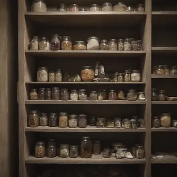 Canister shelf unit in Kitchen pantry corner. Routine inventory check before closing hours. Dust on stacked tin lids