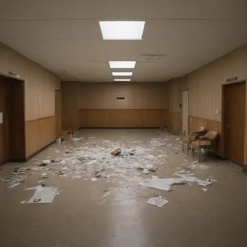 Unused seating arrangement in Lobby waiting area. Cleaning crew finishing up after closing hours. Scuffed linoleum floor