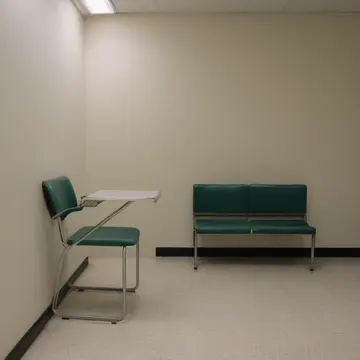 The unoccupied chair in Waiting room off administrative wing. A routine inventory check of seating arrangements. Scuffed linoleum floor tiles