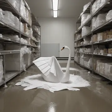 A stack of unused paper towels in Janitorial supply room. Workers are methodically folding and stacking supplies despite the heavy rain outside. Wet concrete floor sheen