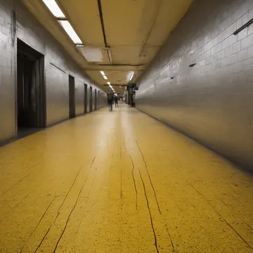 The specific gum stain pattern in Subway transfer concourse. People navigate around an unmarked, tacky patch of floor. Yellow gum residue