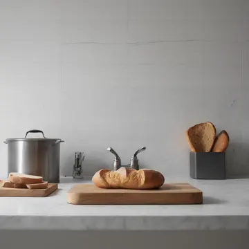 Stainless steel bread box in Kitchen utility area near sink. The box is positioned slightly askew from its usual spot on the counter. Damp soap residue on counter edge