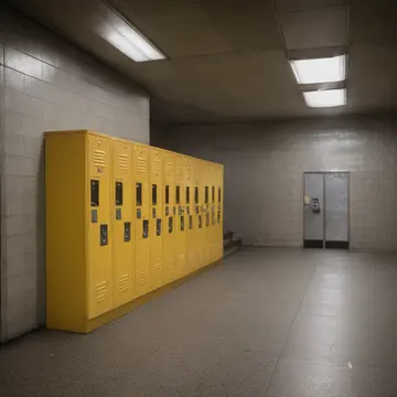 A row of utility lockers in Underground transit station platform. Commuters waiting for an overdue train during morning reset. Dust film on metal surfaces