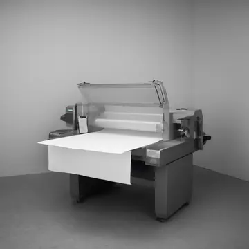 Printer output tray in Archival storage room. A single blank sheet is waiting in the feeder slot. Dust on the plastic guide rails
