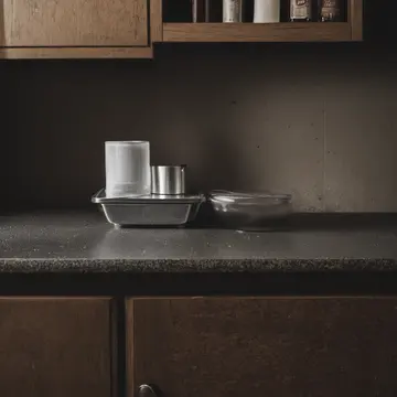 The ceramic sugar dispenser in Kitchen counter corner. A nightly, minor rearrangement of items on the counter. White sugar crystals dusting the lip