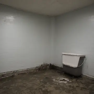 Mop bucket and floor drain in Utility washroom corner. End-of-shift cleanup after a damp weather shift. Wet, dark linoleum floor