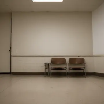 A folding chair set out for one person in Public waiting room near municipal archives. The room is meticulously cleaned and arranged, awaiting an appointment that has been...