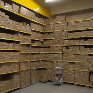 Bulk cardboard packaging in Backroom supply shelving. Inventory is being restocked, but one item keeps falling back into its original, incorrect spot. Dust motes suspended in...