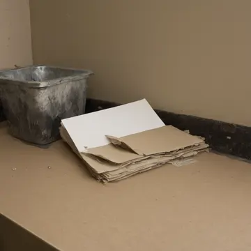 Card stack in Utility room counter. A pile of forms waiting for initial sorting. Dust film on the counter lip
