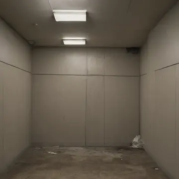Stacked plastic storage bins in Utility closet near loading dock. A worker is organizing supplies after a sudden weather shift. Water streaks on the cinder block wall