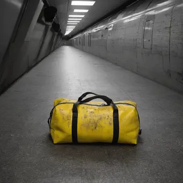 A discarded commuter bag in Subway transfer platform. The sudden, minor blockage of a pedestrian path by an unattended object. Wet concrete grout lines